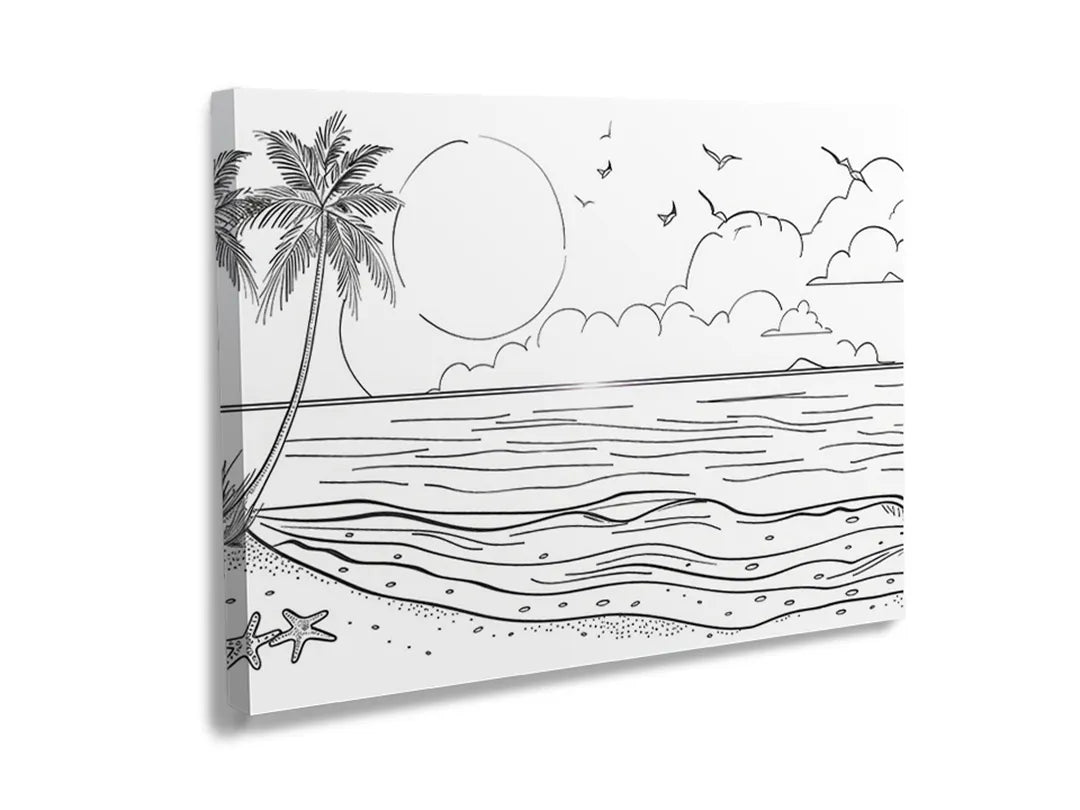 Metalen magneetbord met schets van strand en palmbomen