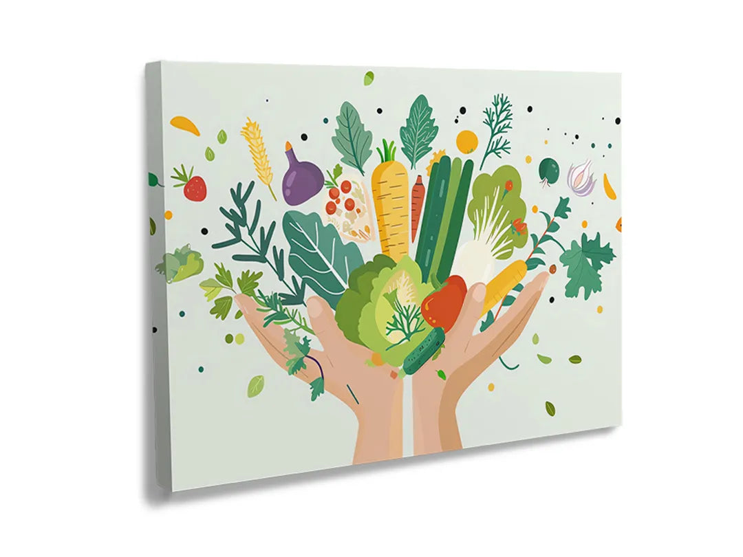 Metalen magneetbord met kleurrijke afbeeldingen van groenten en kruiden.