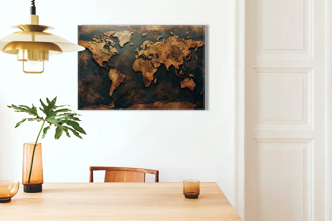 Metalen magneetbord wereldkaart in luxe bronslook – droog uitwisbaar & magnetisch