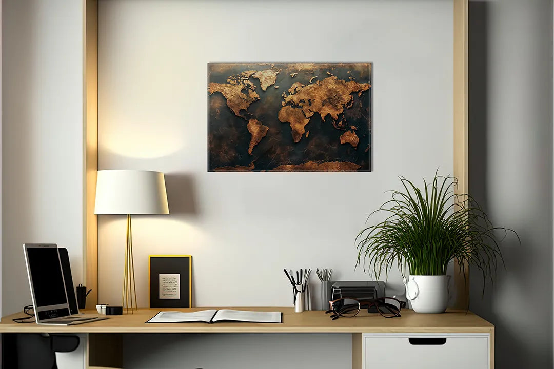 Metalen magneetbord wereldkaart in luxe bronslook – droog uitwisbaar & magnetisch