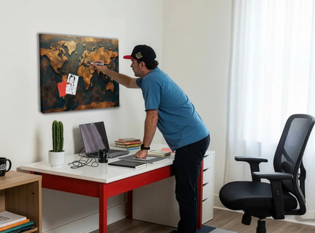 Metalen magneetbord wereldkaart in luxe bronslook – droog uitwisbaar & magnetisch