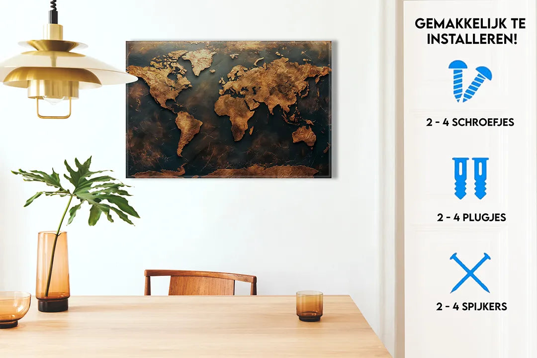 Metalen magneetbord wereldkaart in luxe bronslook – droog uitwisbaar & magnetisch