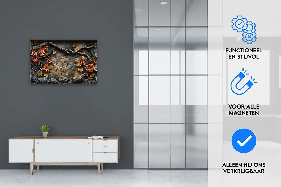 Metalen magneetbord met bloemmotief in warme kleuren – droog uitwisbaar & magnetisch