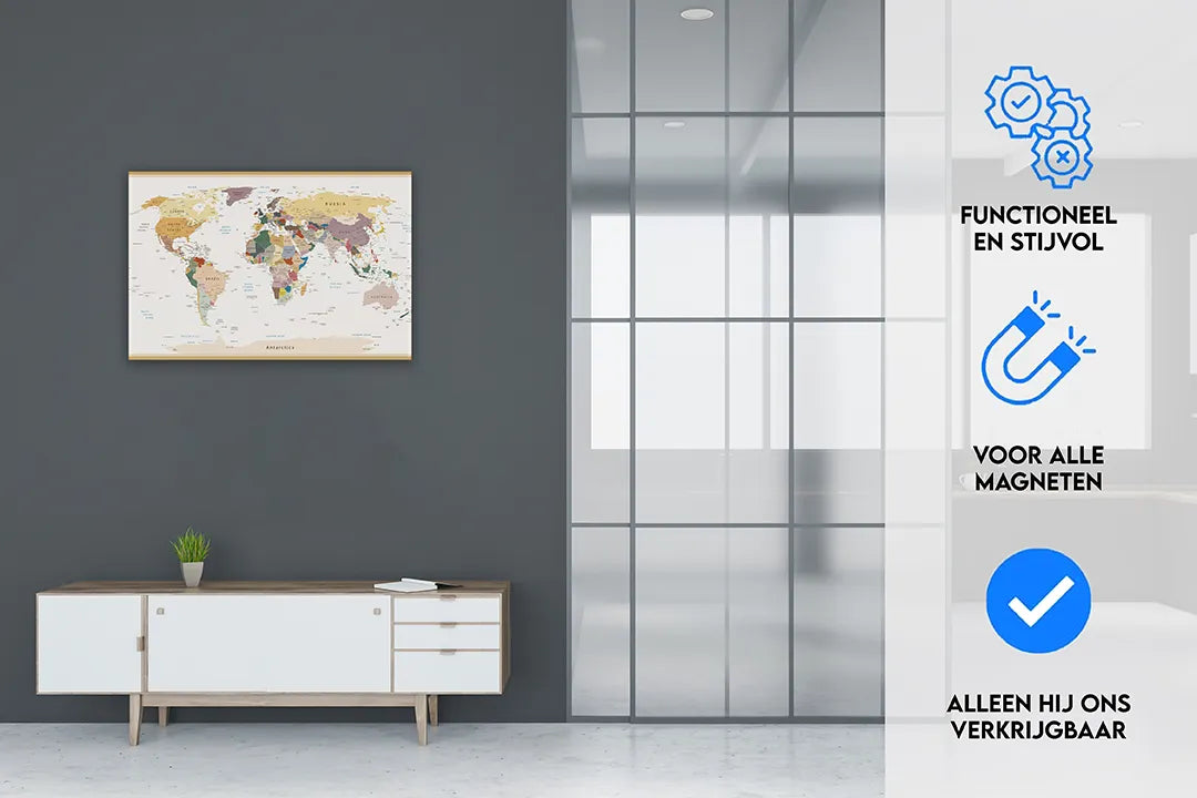 Wereldkaart Magneetbord - Decoratief Aluminium Paneel – droog uitwisbaar & magnetisch