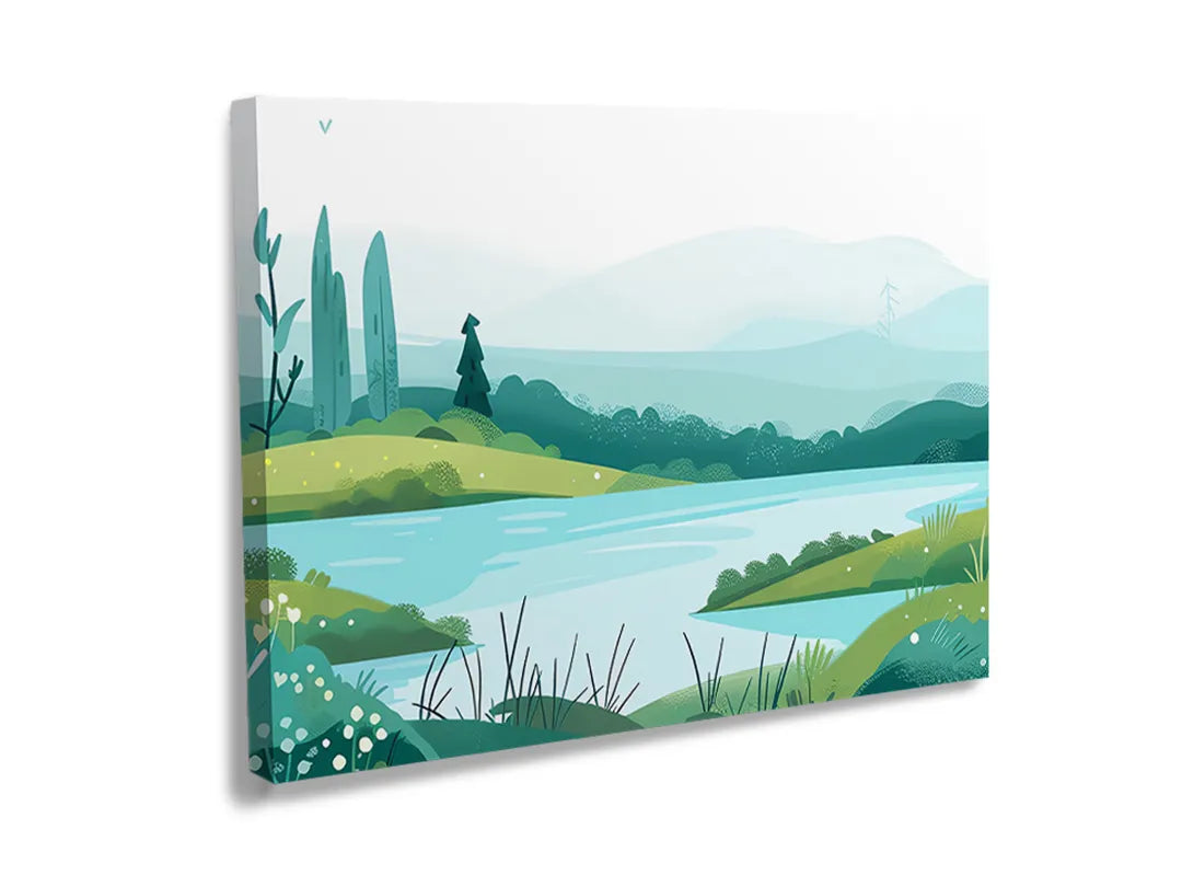 Metalen magneetbord met een rustiek landschap en een kalme rivier.