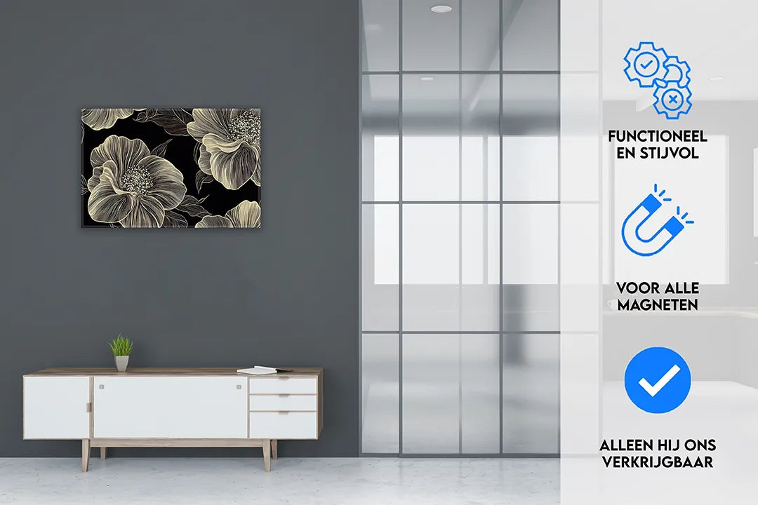 Elegant metalen magneetbord met bloemenmotiv – droog uitwisbaar & magnetisch