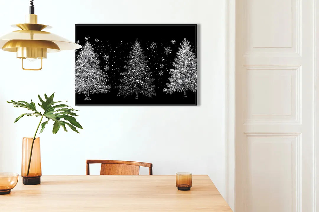 Zwart metalen magneetbord met witte kerstbomen – droog uitwisbaar & magnetisch
