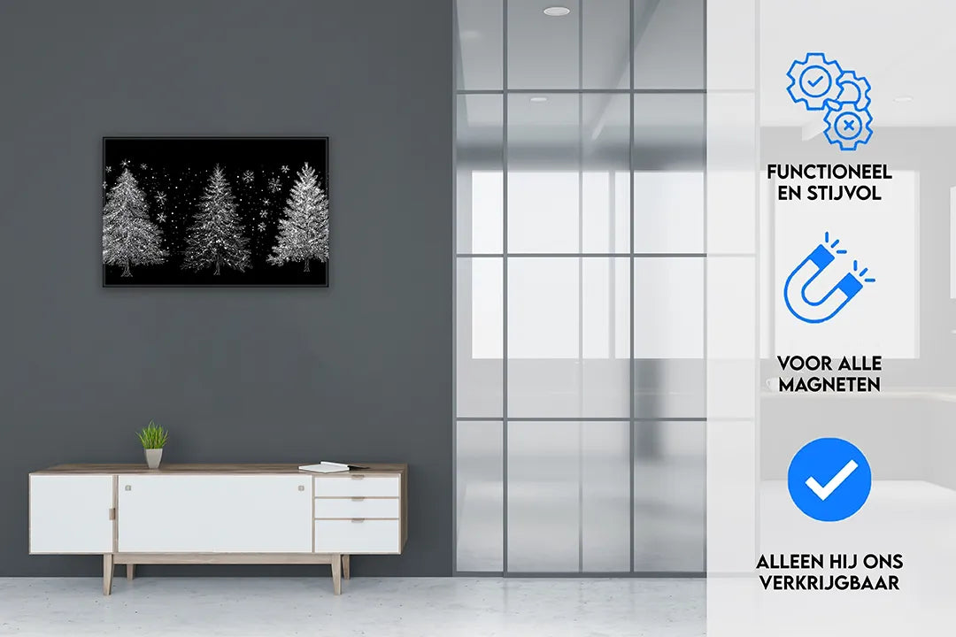 Zwart metalen magneetbord met witte kerstbomen – droog uitwisbaar & magnetisch