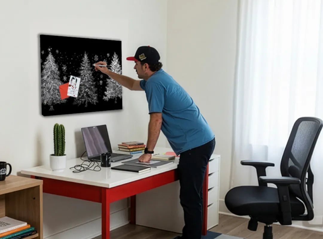 Zwart metalen magneetbord met witte kerstbomen – droog uitwisbaar & magnetisch