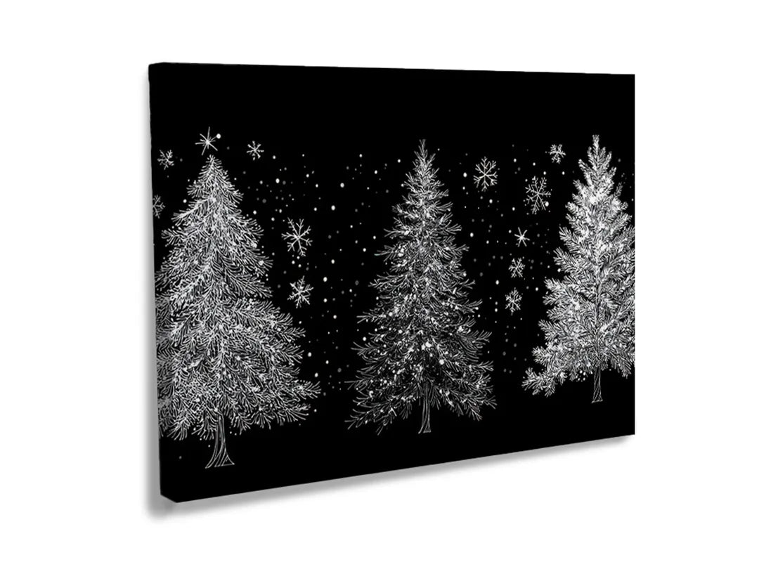 Metalen magneetbord met illustraties van kerstbomen en sneeuwvlokken