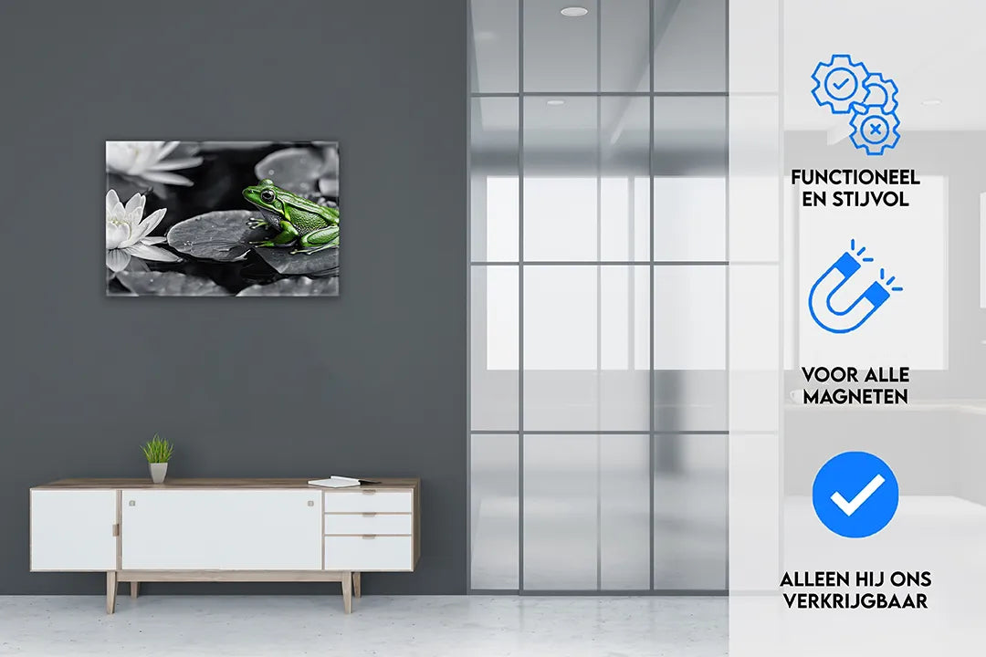 Metalen magneetbord - Groene kikker op waterlelie – droog uitwisbaar & magnetisch