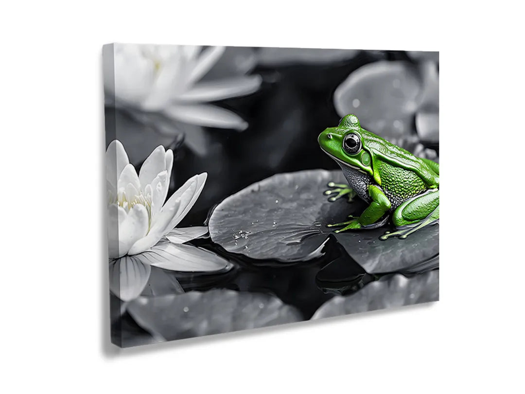 Metalen magneetbord met een groene kikker zittend op een waterlelie.