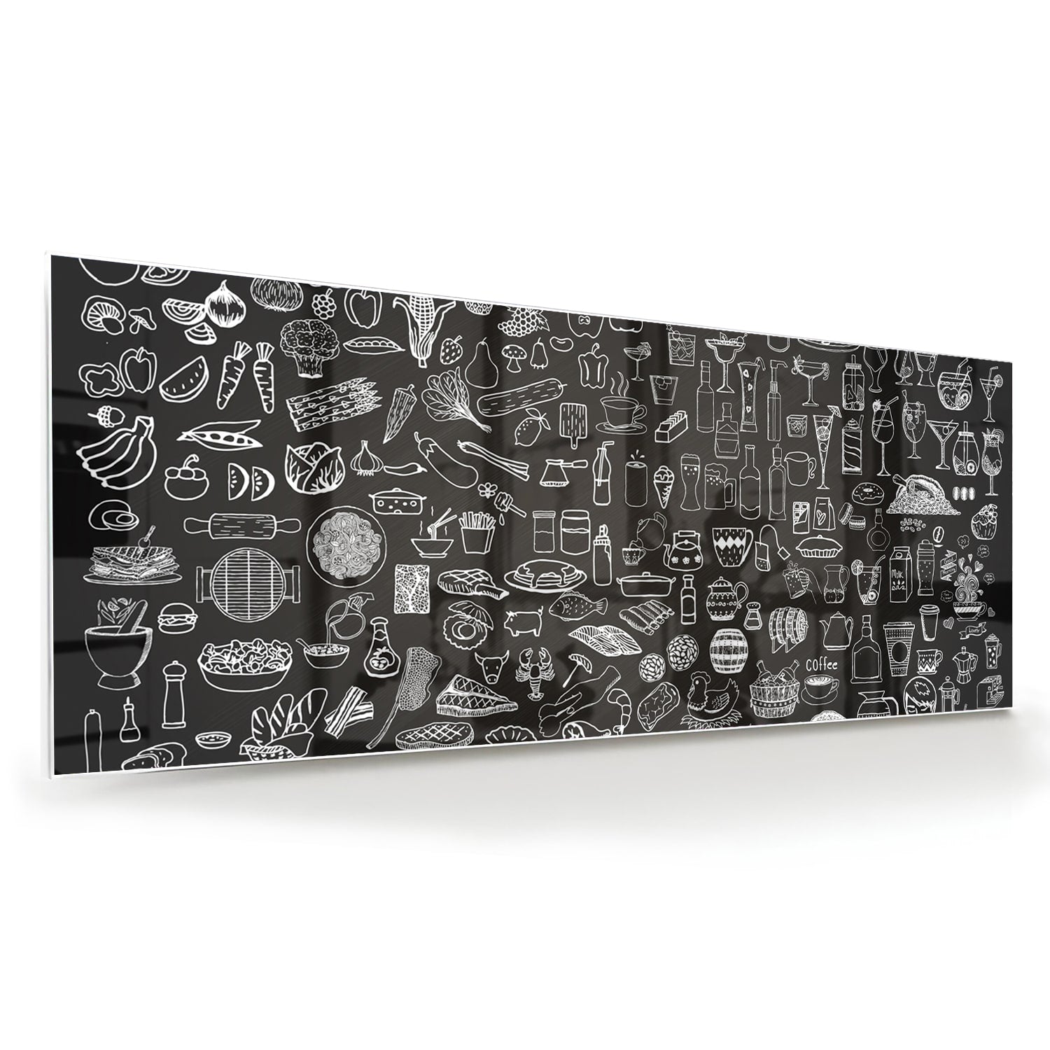 Glazen schilderij met zwart-witte illustraties aan een muur