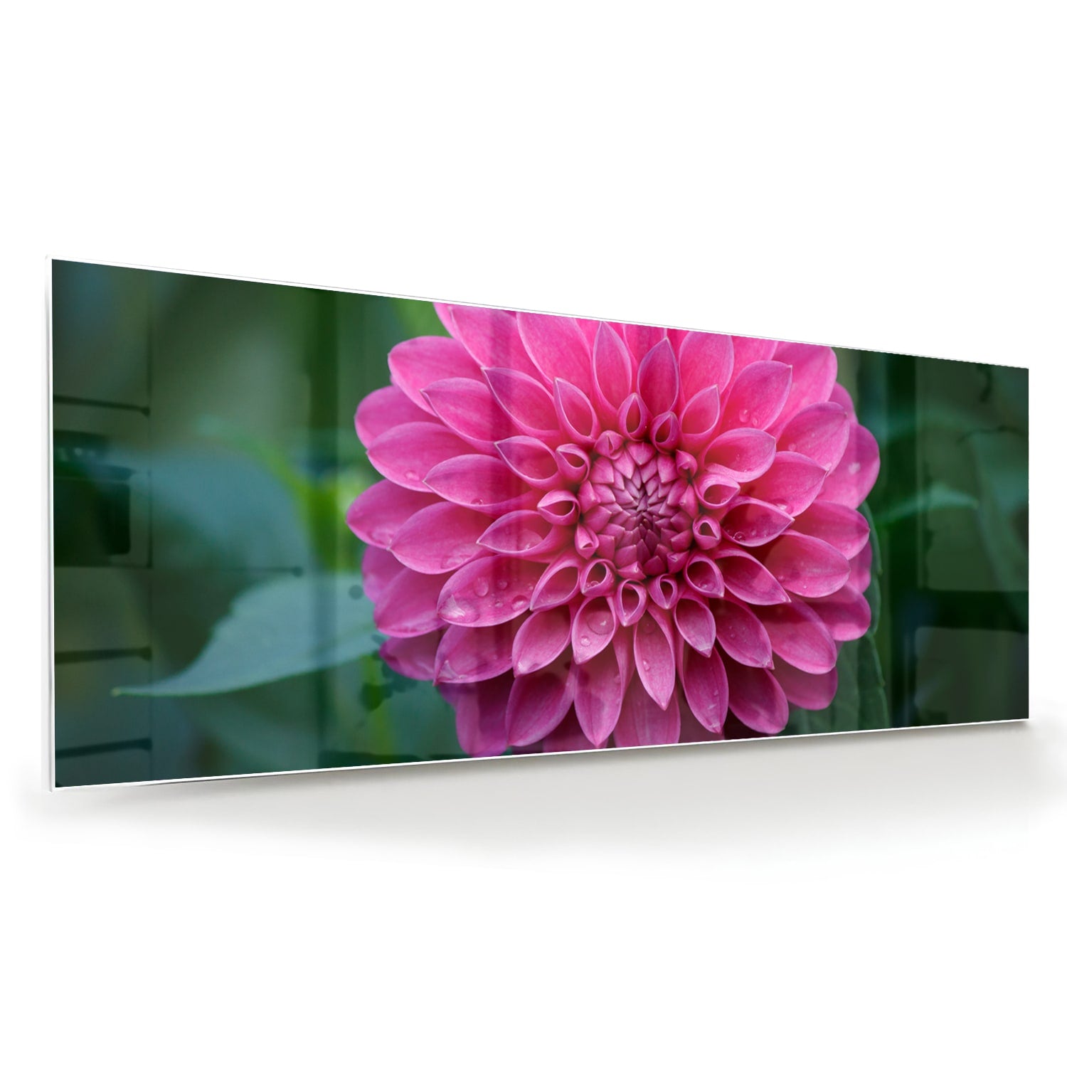 Glazen schilderij met een grote roze bloem, perfect voor wanddecoratie.