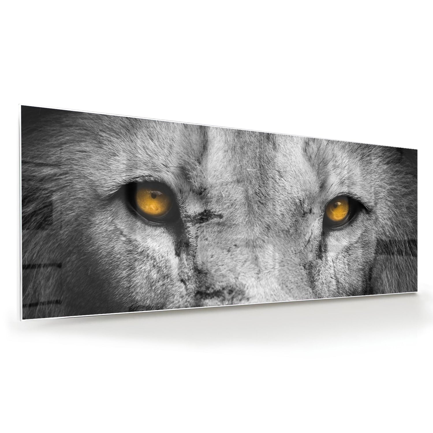 Glazen schilderij van een leeuw met gele ogen, prachtig voor aan de muur.