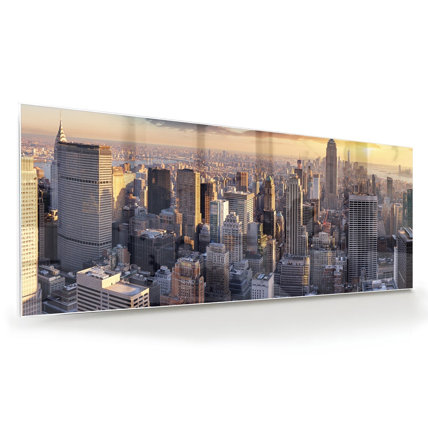 Glazen schilderij van de skyline van New York bij zonsondergang.