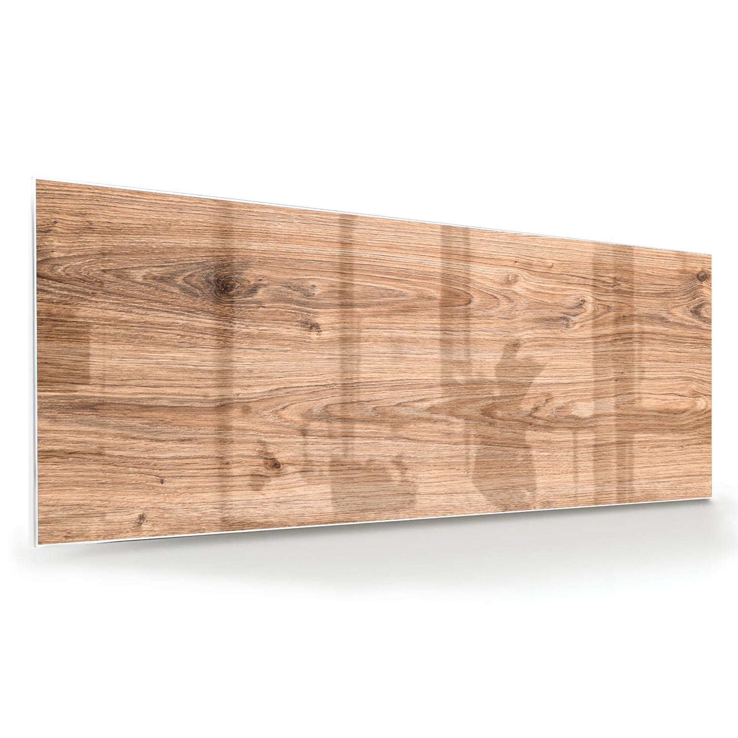 Glazen schilderij met een natuurlijke houtlook boven een moderne kast