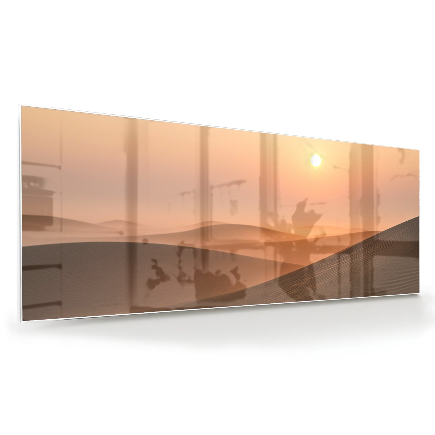 Glazen schilderij van een zonsondergang met warme kleuren in een modern interieur.