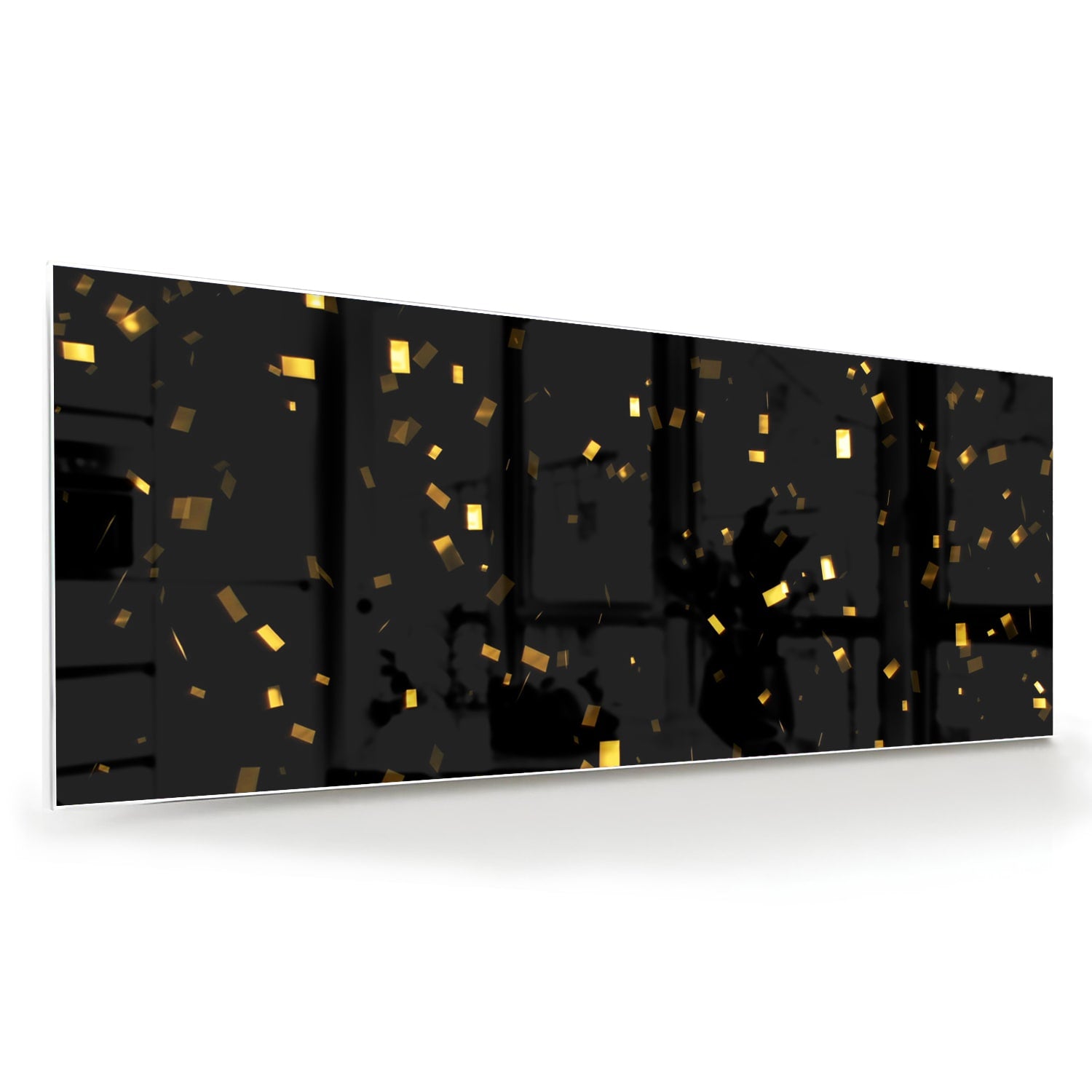 Zwart glazen schilderij met gouden confetti aan de muur in een stijlvolle woonkamer