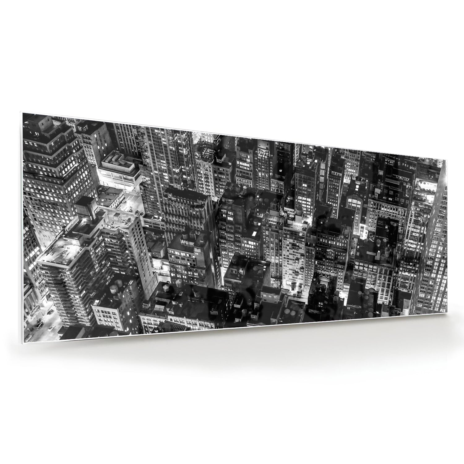 Zwart-wit glazen schilderij van een stad, prachtig decor voor modern interieur.