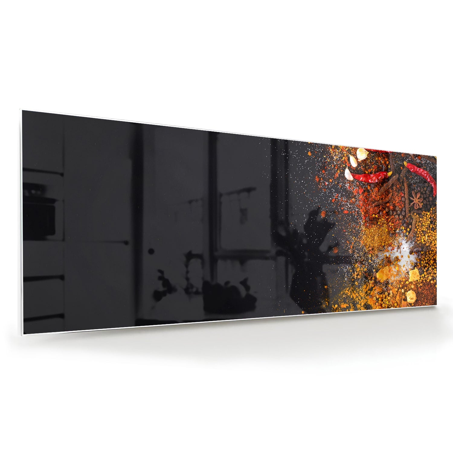 Abstract glazen schilderij met warme kleuren hangt aan de muur