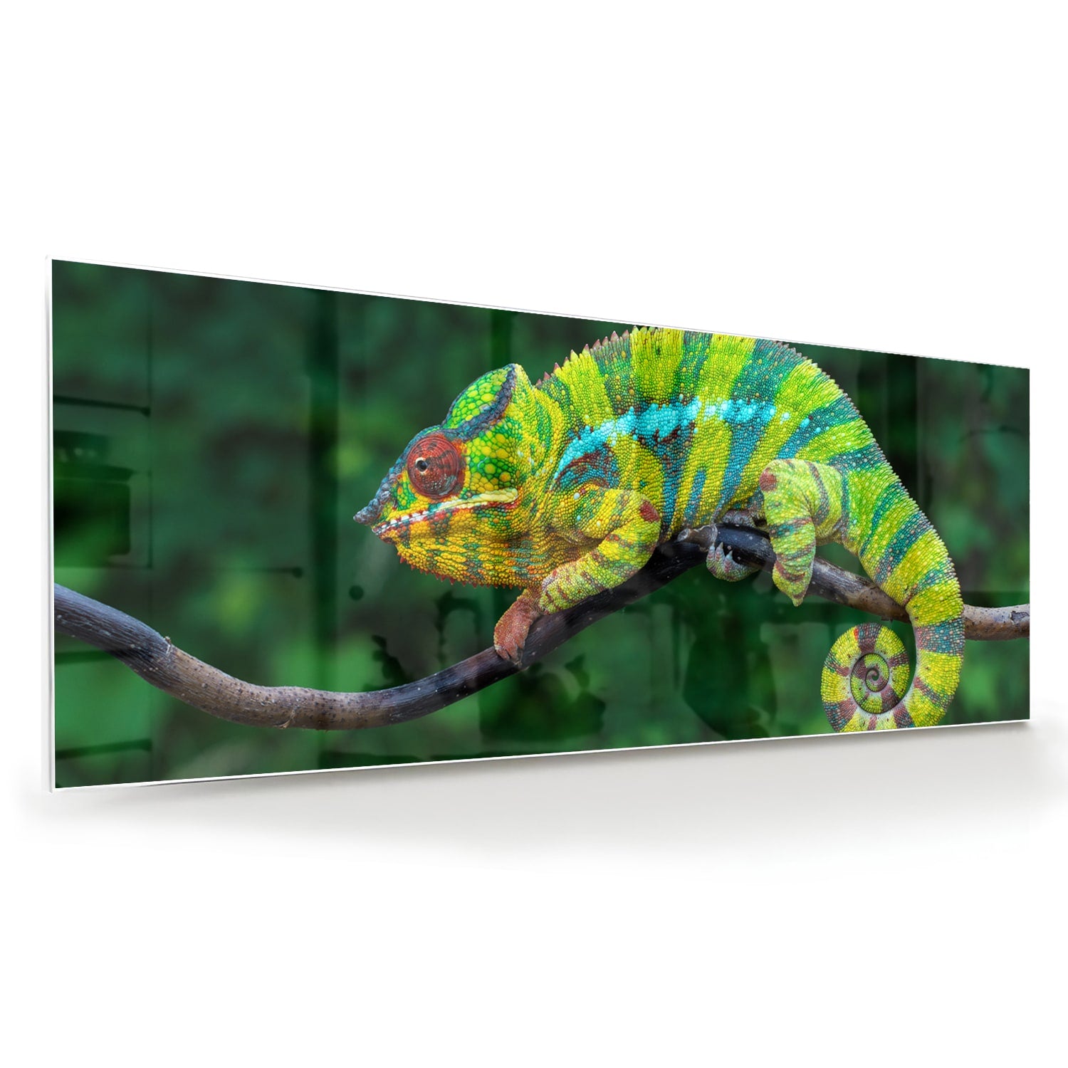 Glas schilderij van een kleurrijke kameleon op een tak met groene achtergrond.