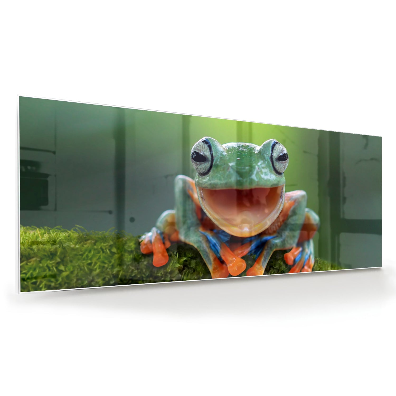 Glazen schilderij van een vrolijke boomkikker op een groene achtergrond