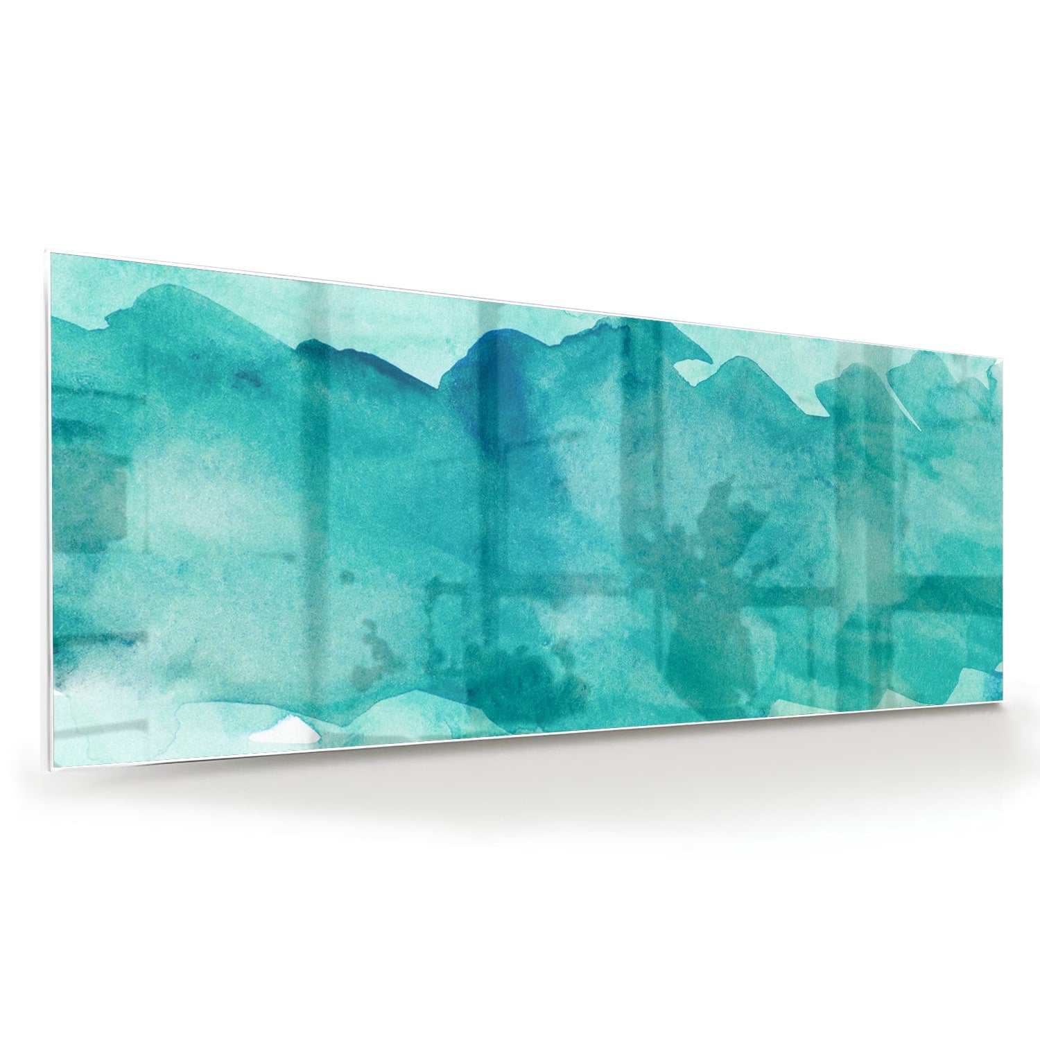 Abstract glazen schilderij met turquoise tinten, perfect voor moderne interieurs.