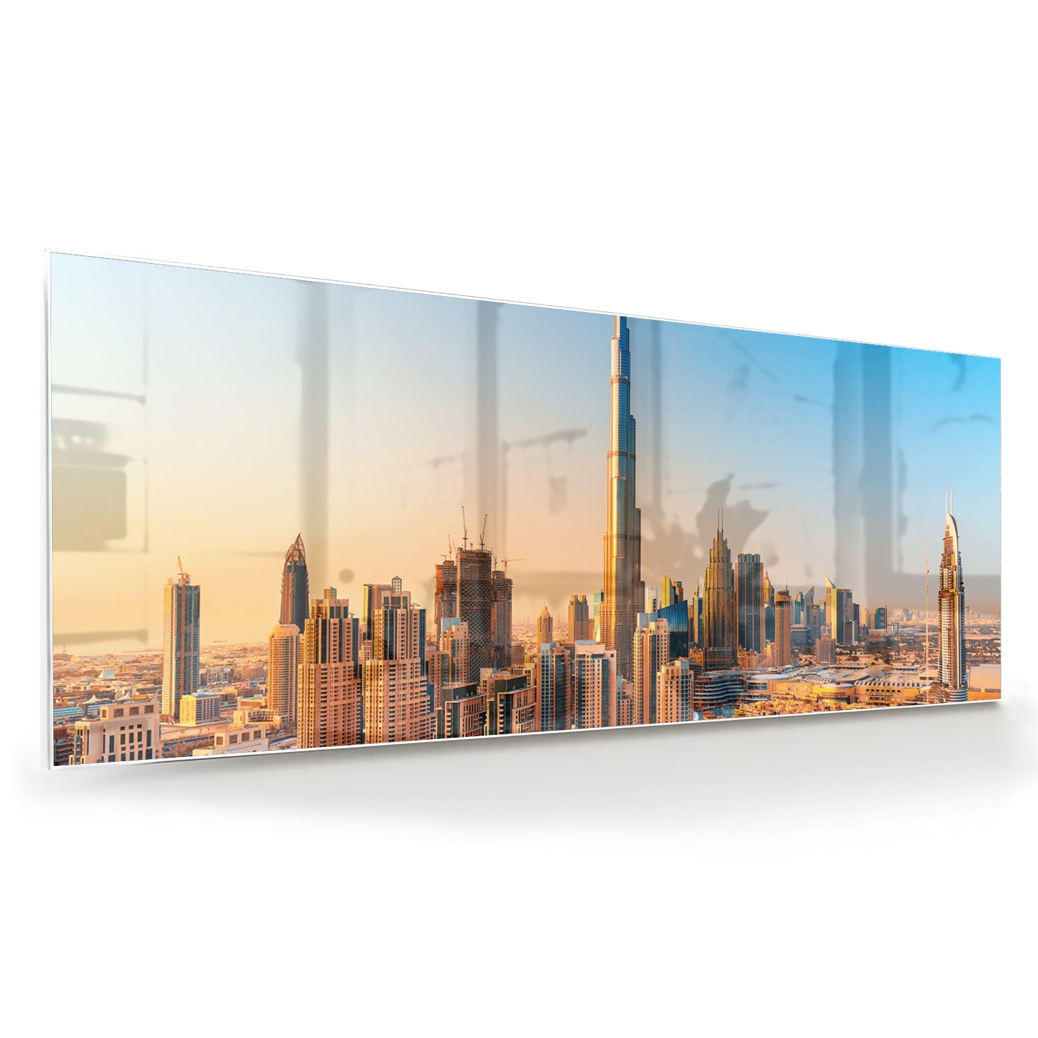 Glazen schilderij van de skyline van Dubai met Burj Khalifa tijdens zonsondergang