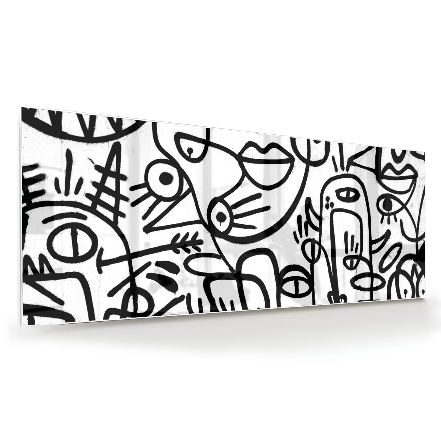 Abstract glazen schilderij in zwart-wit met vormen en lijnen