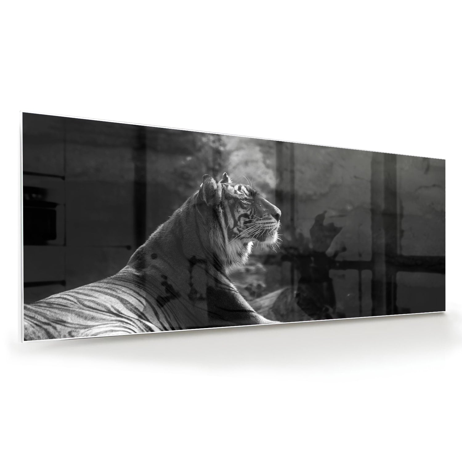 Glazen schilderij van een majestueuze tijger in zwart-wit