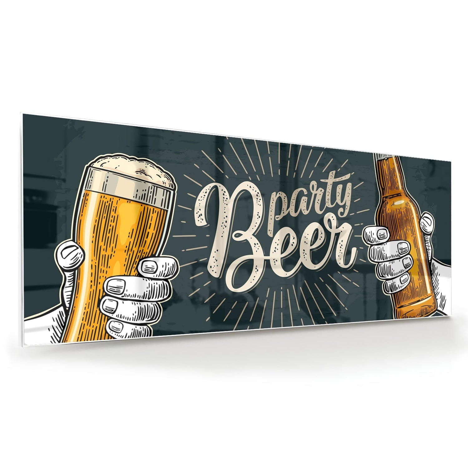 Feestelijk glazen schilderij met twee handen die bier vasthouden.