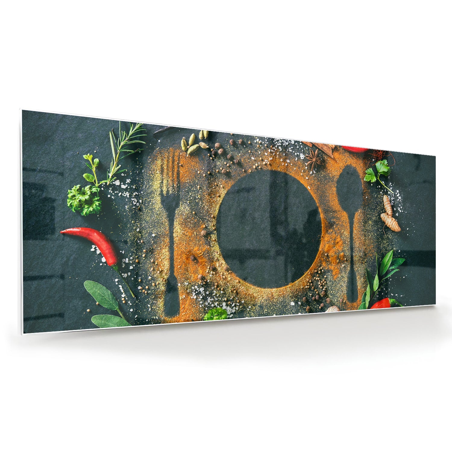 Glazen schilderij met een kleurrijk ontwerp van kookgerei en verse ingredinten.
