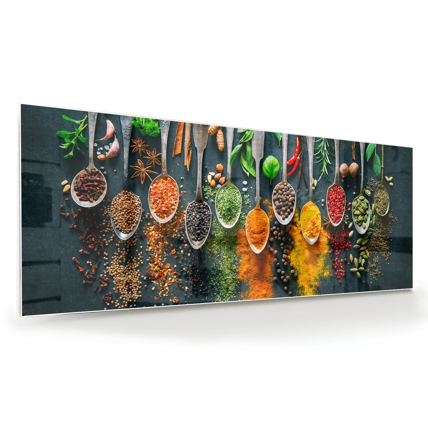 Glazen schilderij met een assortiment kleurrijke specerijen en kruiden, perfect voor keukeninrichting.
