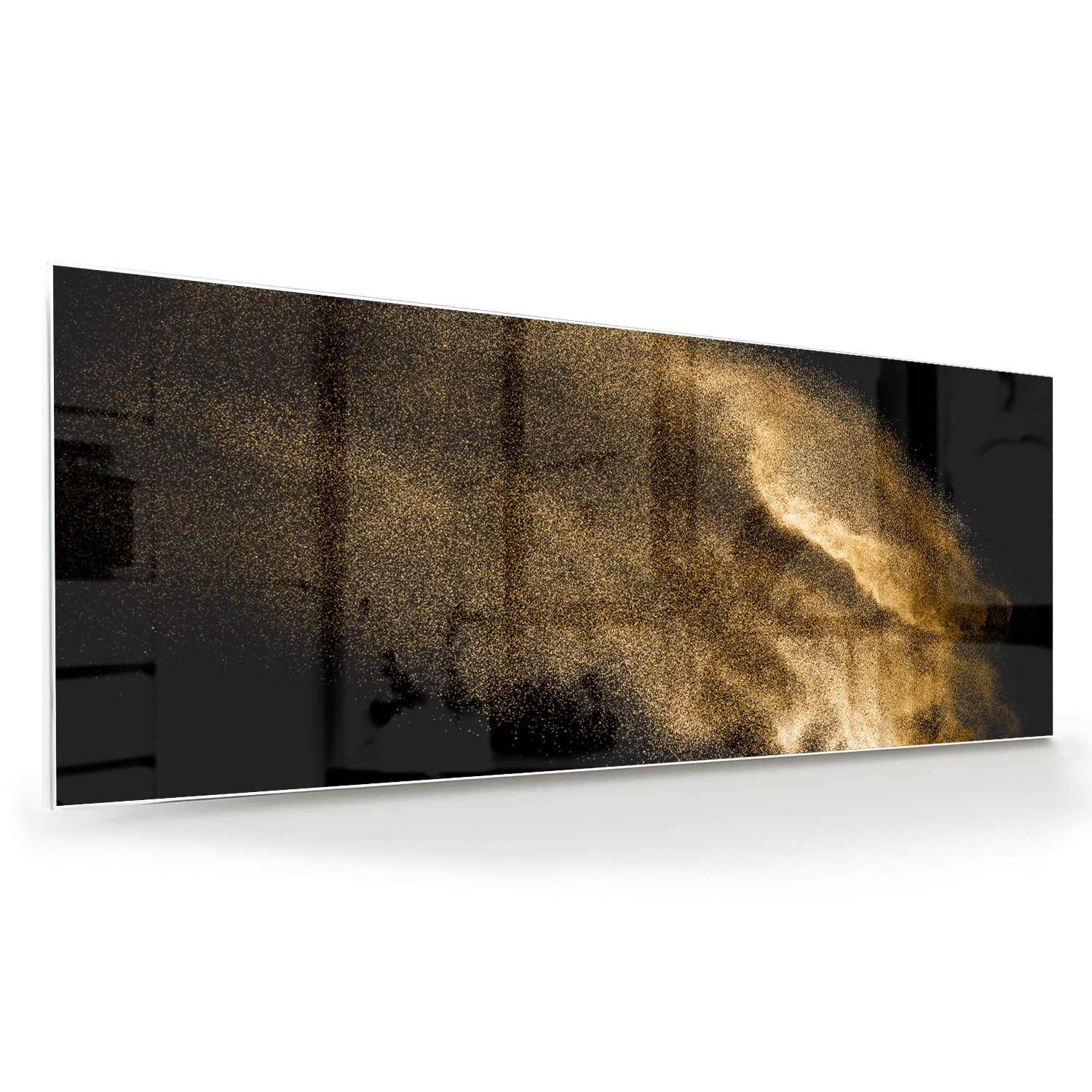Glazen schilderij met een gouden hand op een zwarte achtergrond.
