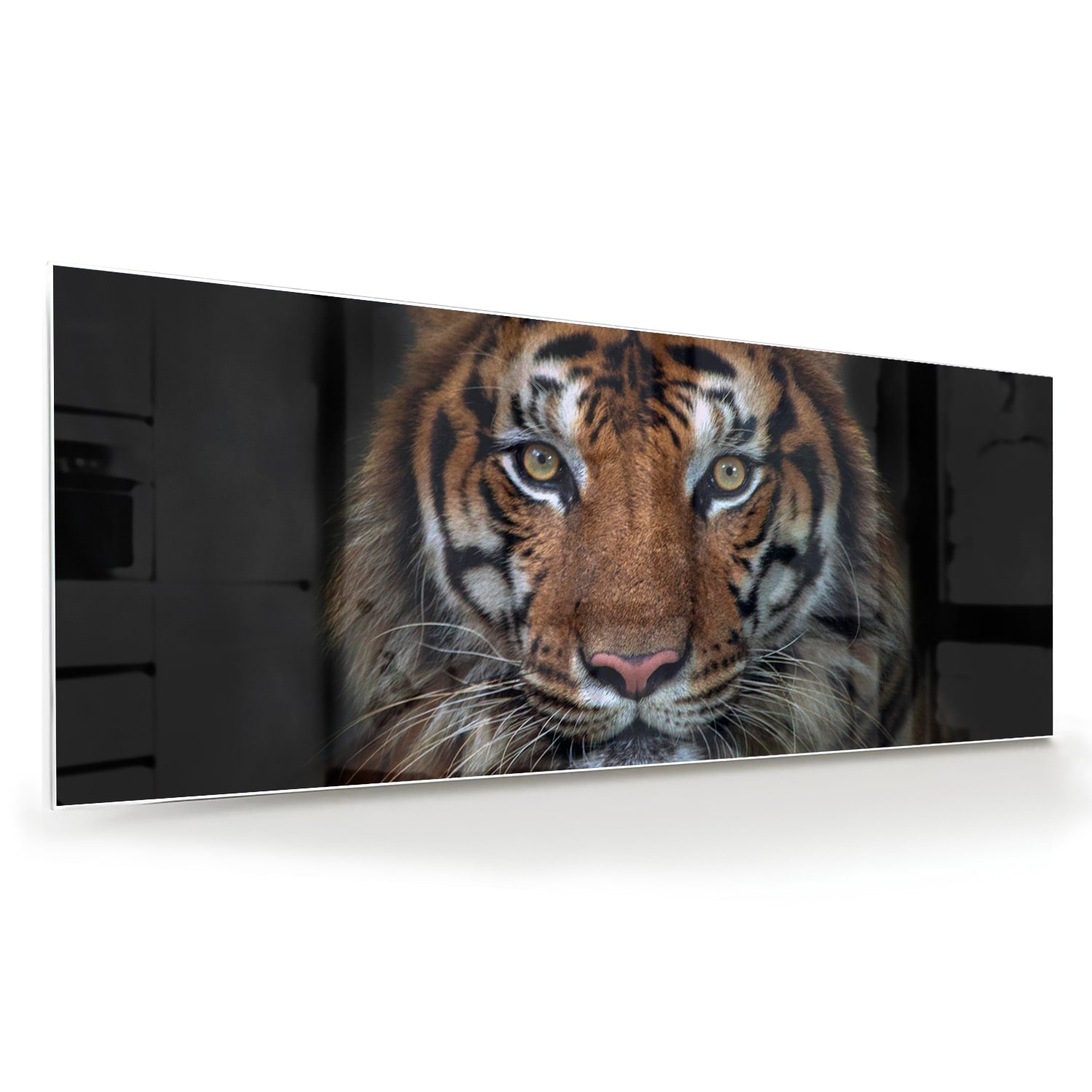 Glazen schilderij van een tijger, mooi weergegeven in een moderne woonkamer.
