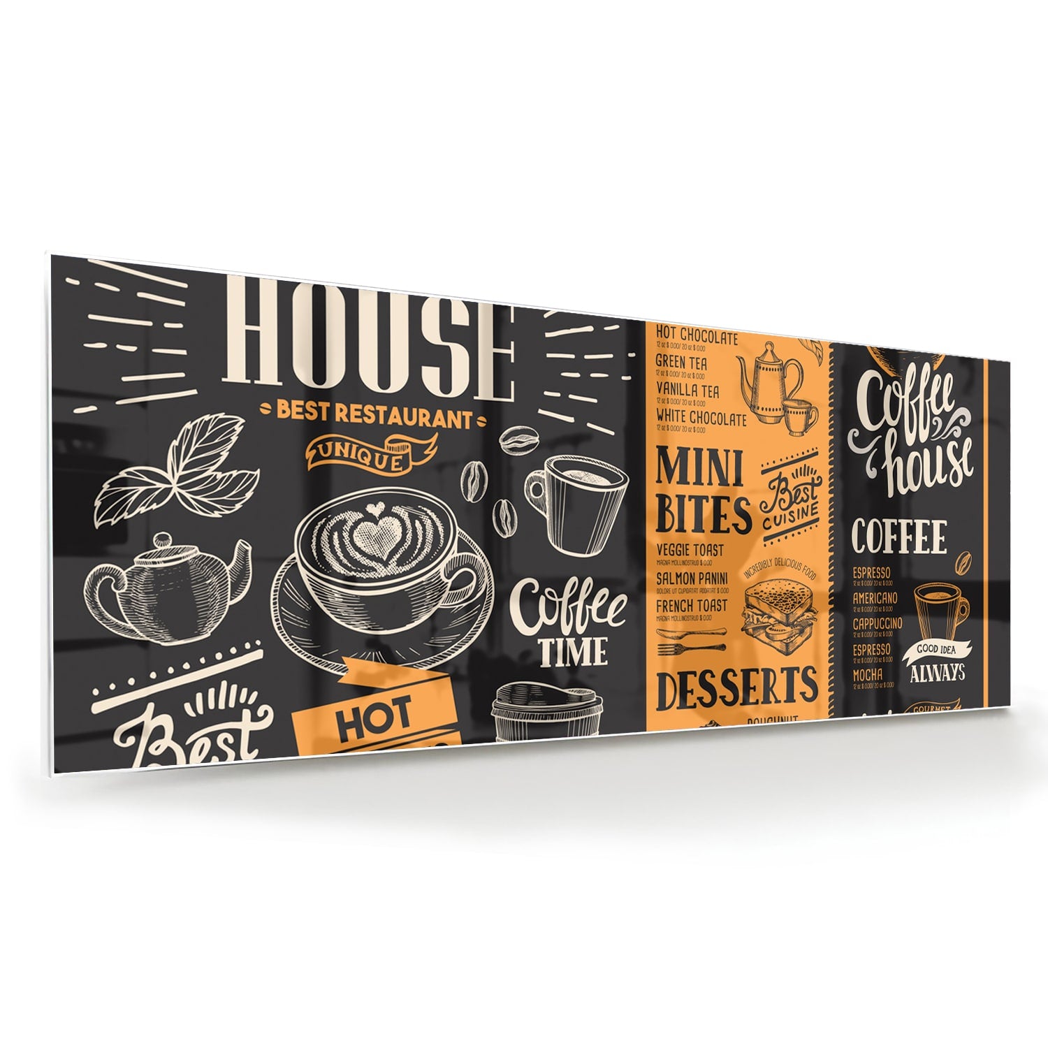 Glazen schilderij van een koffiehuis met tekst in zwart en oranje