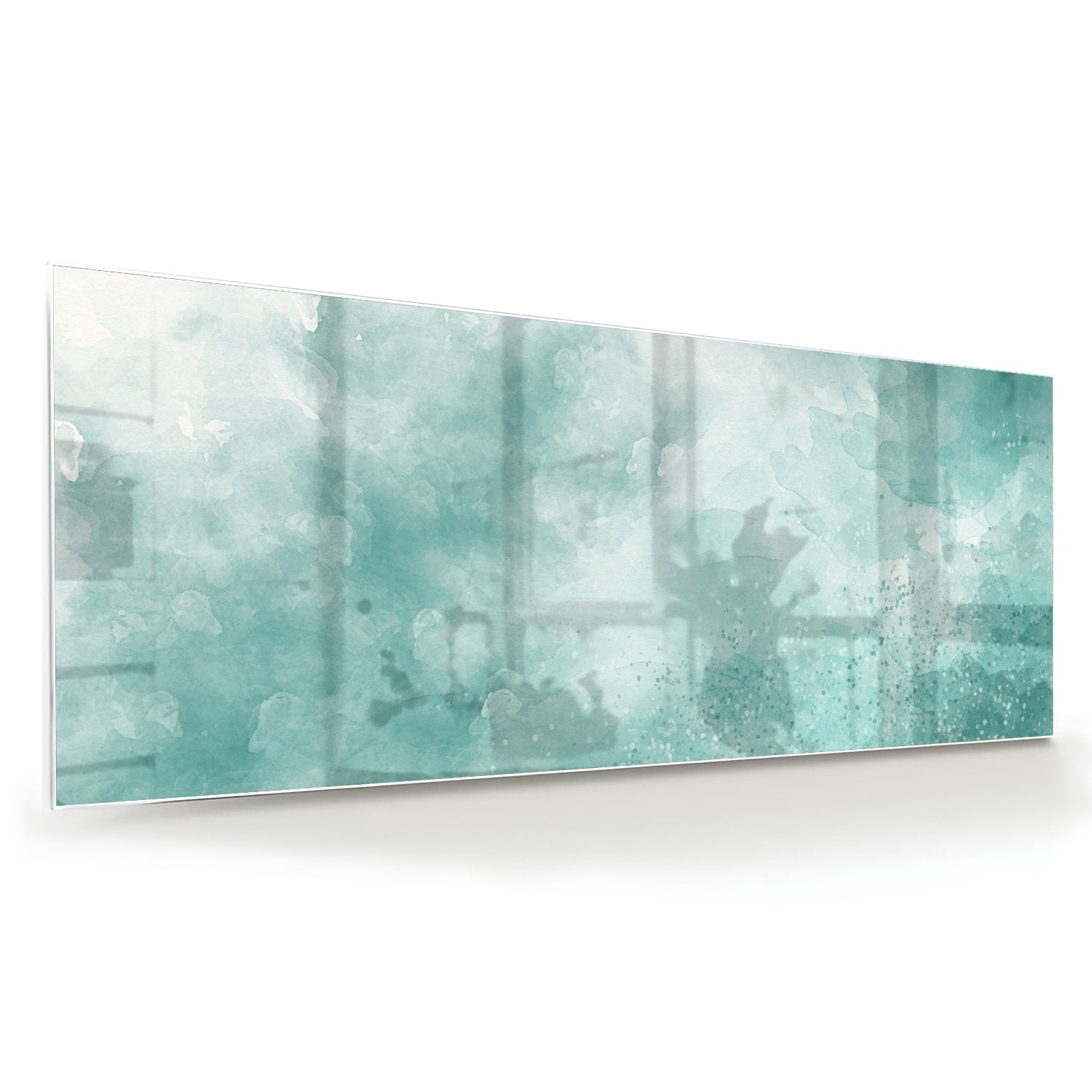 Abstract glazen schilderij in aquablauw kleur, past mooi in een modern interieur.