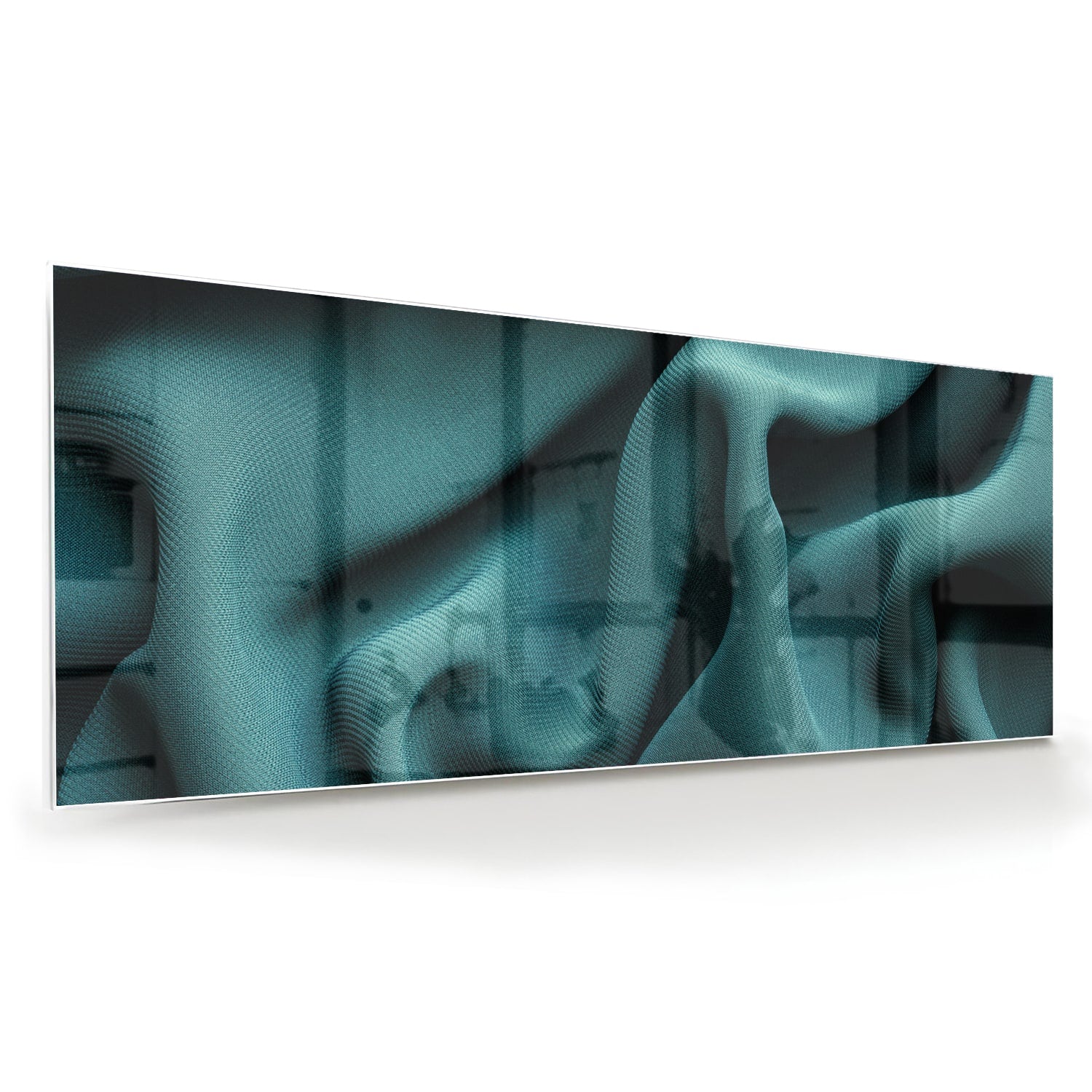 Elegante blauwgroene glazen schilderij in een moderne woonomgeving.