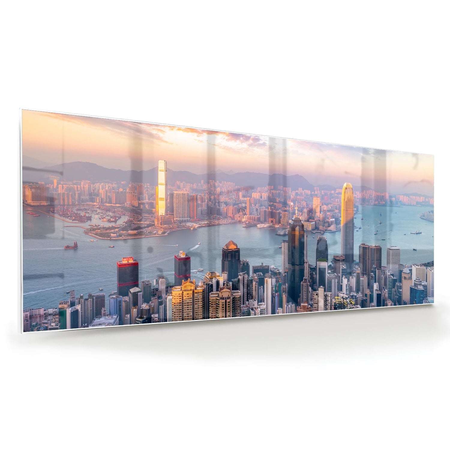 Glazen schilderij van een stadsgezicht met zonsondergang, perfect voor inrichting