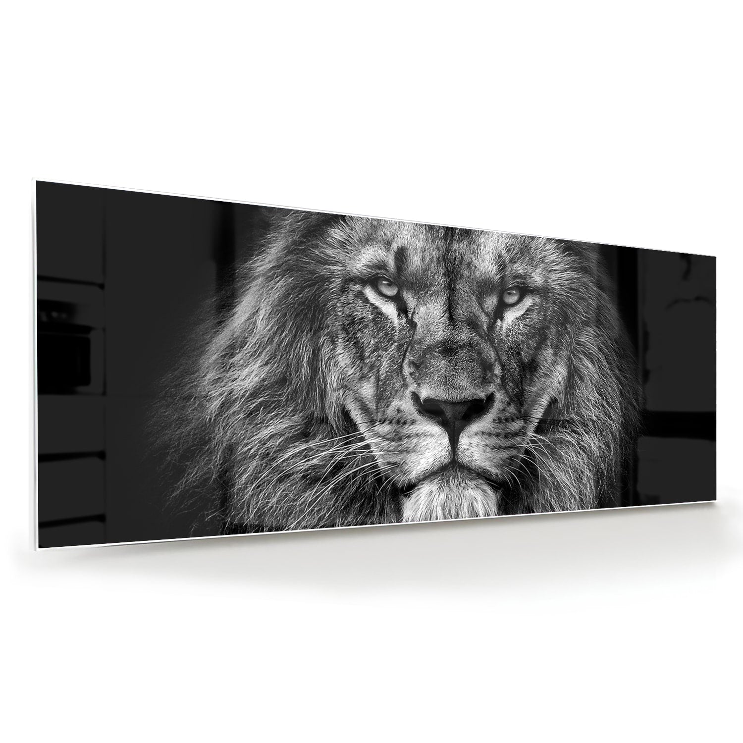 Glazen schilderij van een leeuw in zwart-wit, perfect voor wanddecoratie.