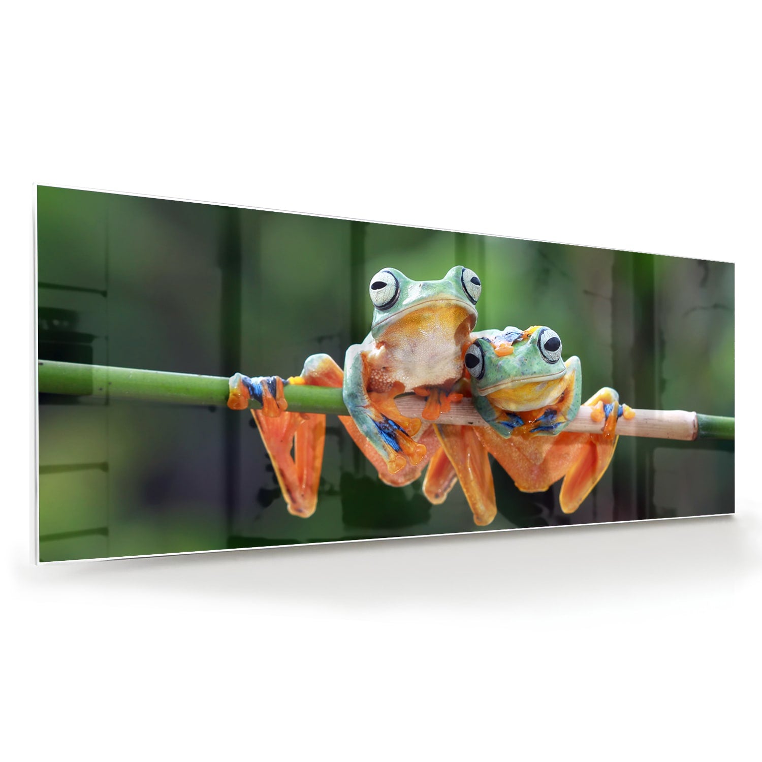 Glazen schilderij van een vrolijke kikker die op een tak zit.