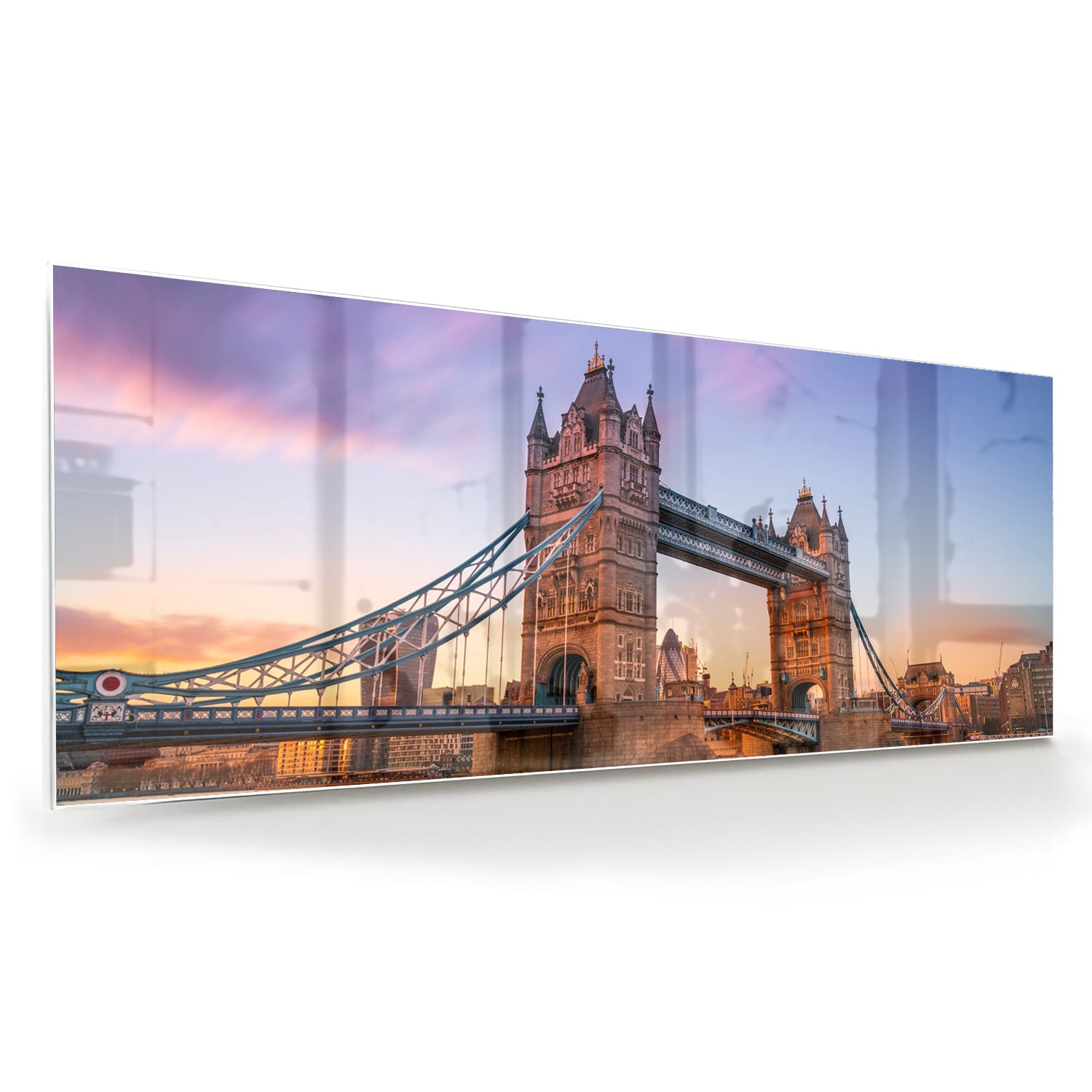 Glas schilderij van de Tower Bridge in Londen met een zonsondergang op de achtergrond.