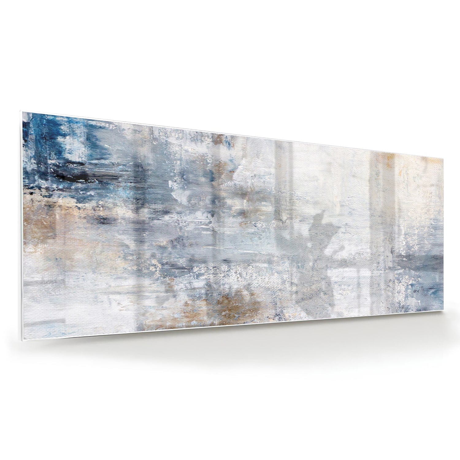 Abstract glazen schilderij met blauwe en neutrale tinten in woonkamer