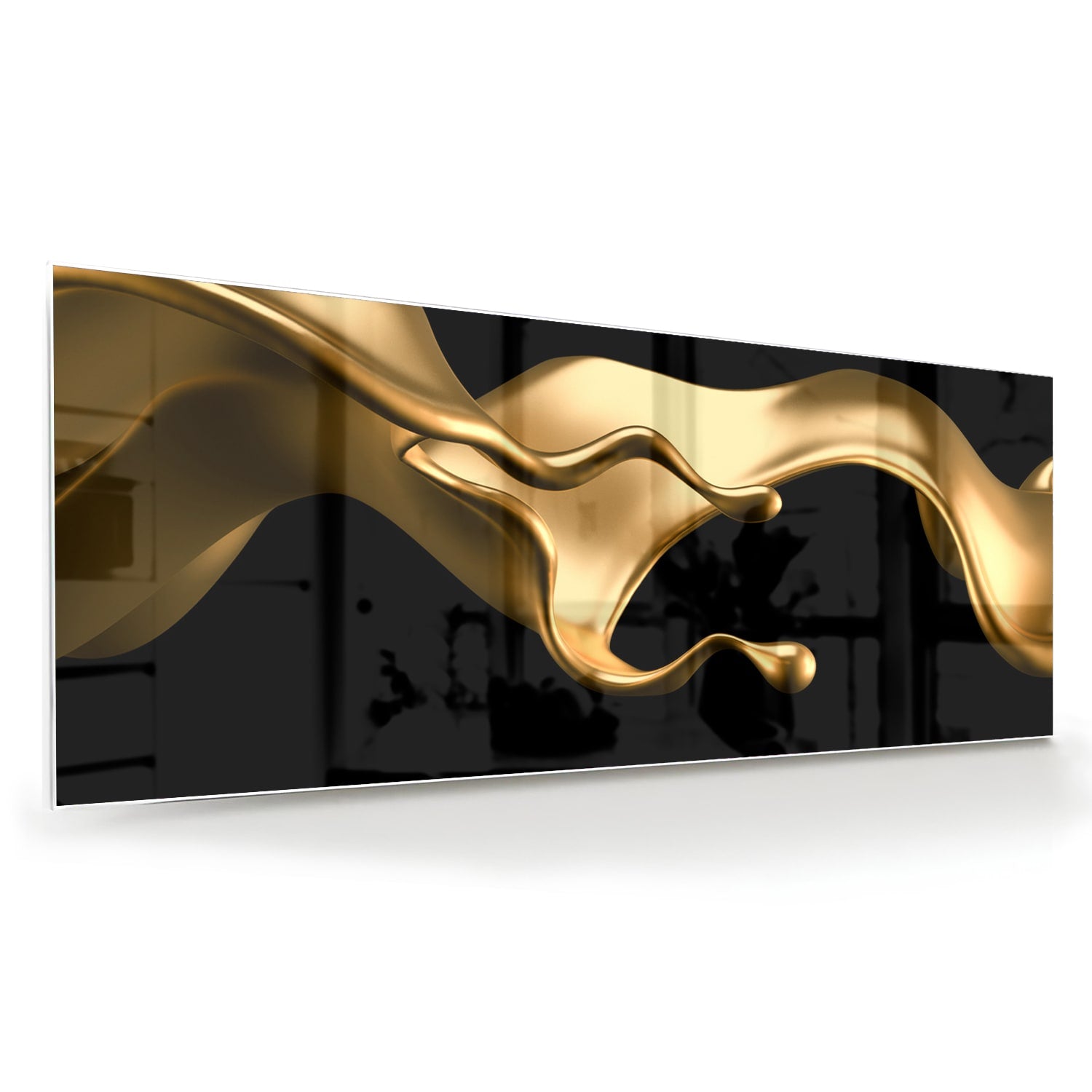 Gouden abstract glas schilderij met zwarte achtergrond, perfect voor moderne interieurs.