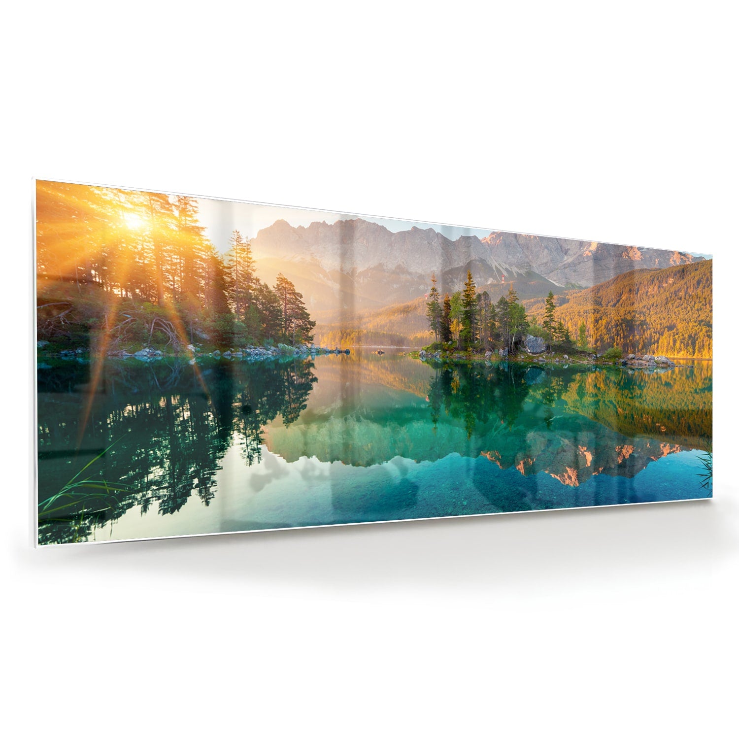 Glazen schilderij van een berglandschap met reflectie in het meer.