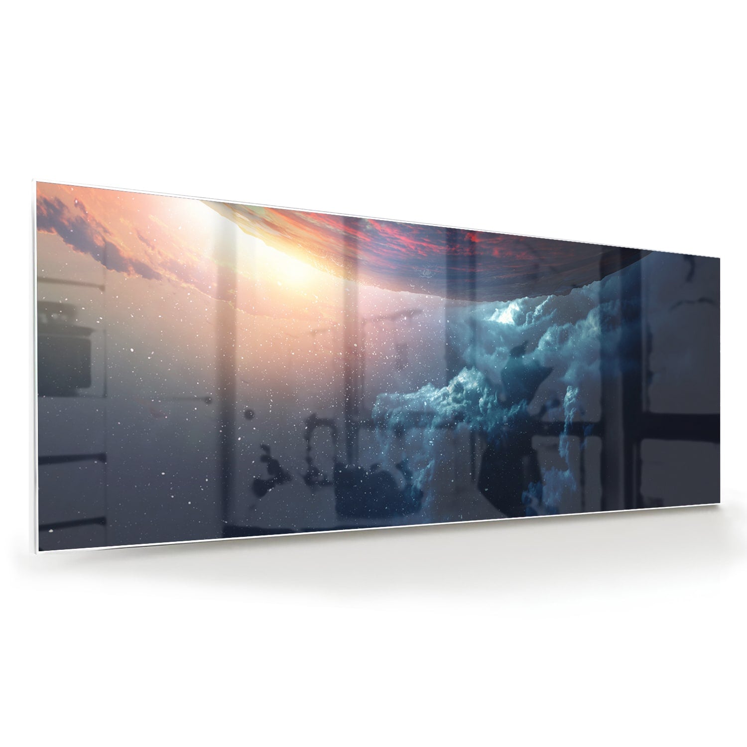 Glazen schilderij met een kosmisch uitzicht en kleurrijke lucht in woonkamer.