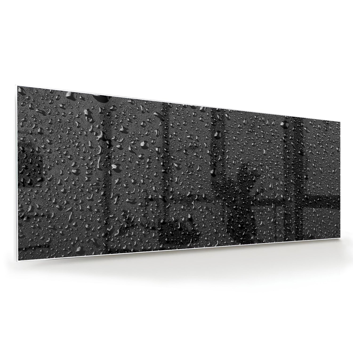 Glas schilderij met druppels op een zwart oppervlak, ideaal voor moderne interieurs.