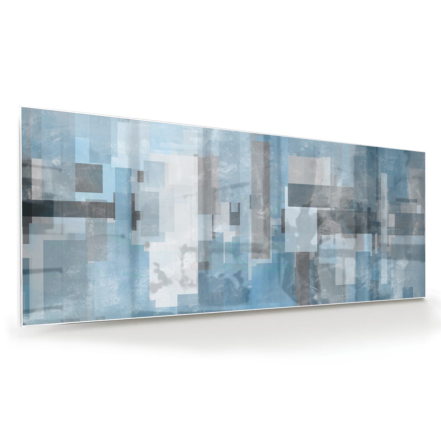 Abstract glas schilderij met blauwe en grijze tinten aan de muur