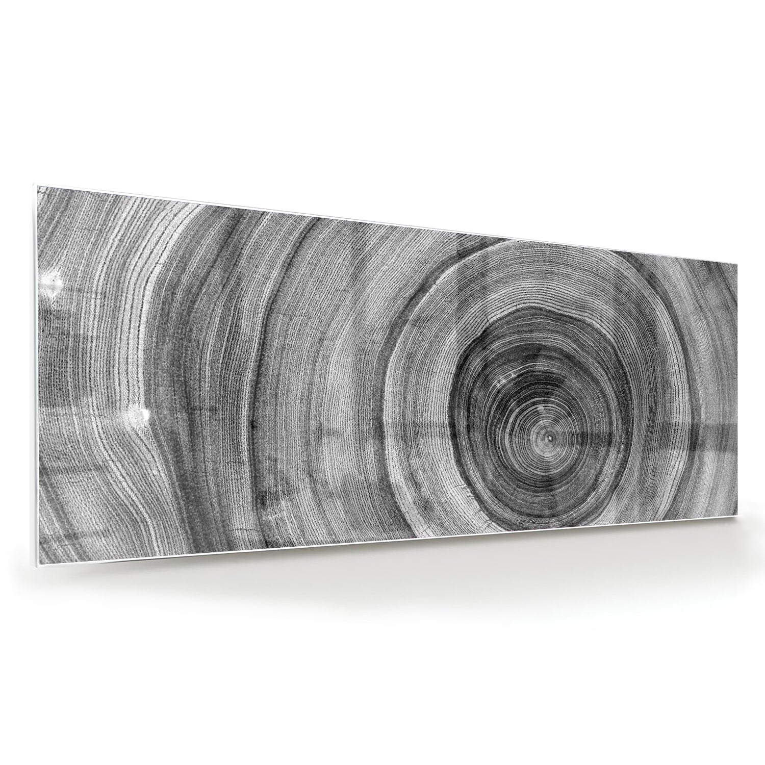 Abstract glazen schilderij in grijstinten met cirkels aan de muur